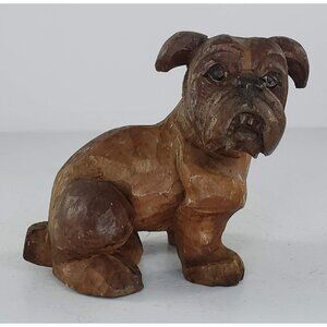 Vintage Wood Carved English Bulldog Boxer Dog Figurine